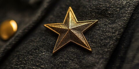 Gold star pin on black fabric.