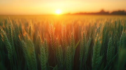 Poster - Green wheat field and vibrant sunrise Vertical photo : Generative AI