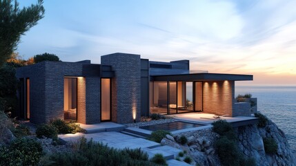 contemporary villa with sleek brick accents, positioned on a cliff overlooking the ocean