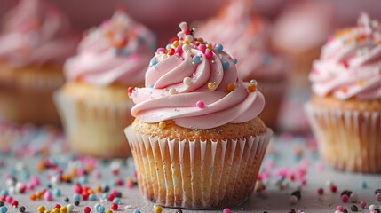 Pink Frosted Cupcakes with Sprinkles