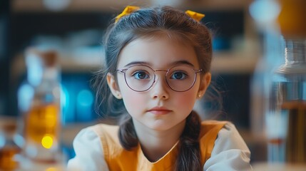 Aufkleber - young  girl pretend play scientist role at home against plain background : Generative AI