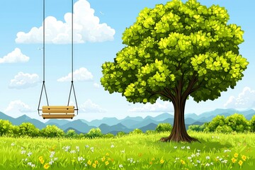 Poster - A Wooden Swing Set Under a Lush Green Tree in a Meadow