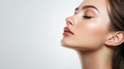 Wall Mural - elegant profile of woman with flawless skin natural makeup perfect nose white background