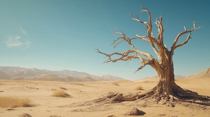 An ecological and environmental concept featuring a dead dryed tree in the desert