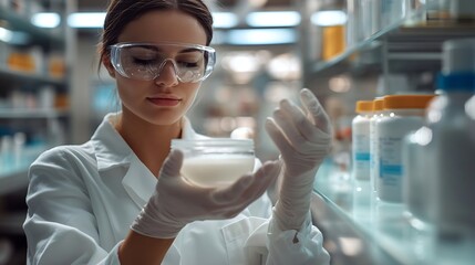 Wall Mural - Beauty cosmetic research and development concept Pharmacist and Scientist applying moisturizer lotion on her hand for efficacy testing of natural organic skincare products in biologica : Generative AI