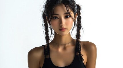 Portrait isolated cutout full body studio shot Asian young pretty female fashion model with pigtails braids hair in fashionable sleeveless crop top standing posing look at camera on wh : Generative AI