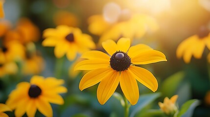 Poster - Bright yellow flowers of rudbeckia commonly known as coneflowers or black eyed susans in a sunny summer garden Rudbeckia fulgida or perennial coneflower blossoming outdoors Rudbeckia h : Generative AI