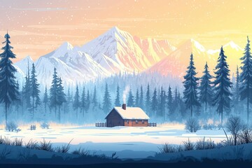 Sticker - A Snowy Cabin Nestled in a Forest at the Base of Mountains