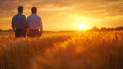 work two farmers field golden wheat sunset dialogue two farmers engineer deal sunset professional successful people discussing business selling wheat grown crops field summer ear wheat : Generative AI