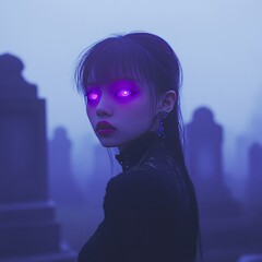 Canvas Print - A woman with glowing pink eyes stands in a graveyard.