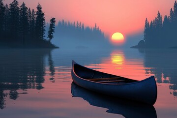 Canvas Print - A Canoe Awaits the Dawn on a Misty Lake