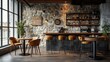 © The Little Hut - Seating area with bar tables and bar chairs in a modern cafe industrial style with stone wall wood and black steel : Generative AI