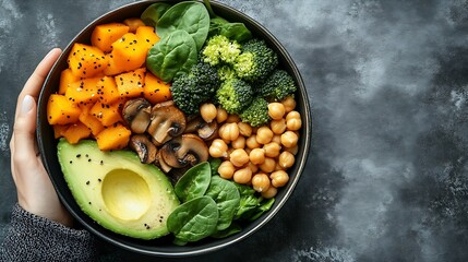 Poster - vegetable vegetarian buddha bowl avocado mushrooms broccoli spinach chickpeas pumpkin on a light background Long banner format top view : Generative AI
