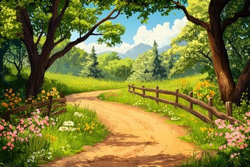 Sticker - Winding Country Road Through a Lush Green Forest with a Wooden Fence