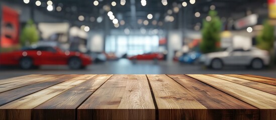 Poster - 3D rendering of a wooden table with a blurred automotive exhibition backdrop