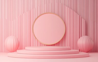 Poster - Empty podium with geometric shapes in a pink pastel composition for modern stage display and minimalist mockup featuring an abstract showcase background Concept 3D rendering