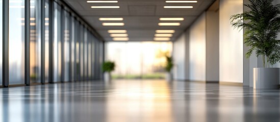 Poster - 3D rendering of a blurred empty open space office with abstract light bokeh in the interior background for design