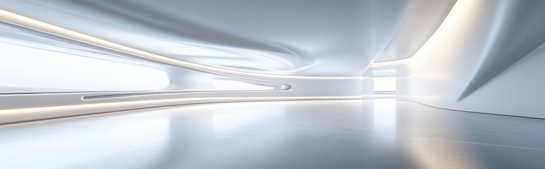 Poster - abstract smooth white interior of the future with a night view enhanced by backlighting architectura