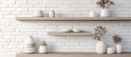 Poster - 3D rendering of empty shelves featuring decorative elements against a white brick wall backdrop