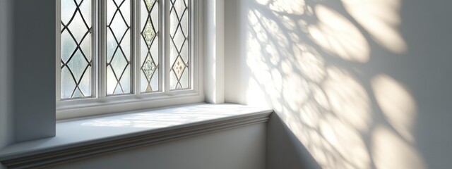 Poster - 3D rendering of an old church window corner featuring a stunning glass design creating captivating shadows on the white window sill