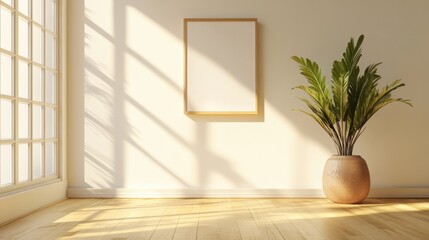 3D rendering of modern interior design featuring an empty room a plant vase parquet flooring and a photo frame