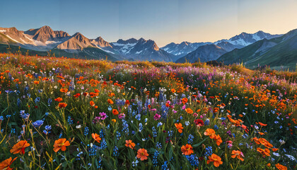 Poster - Champs fleuris au lever du soleil dans les montagnes