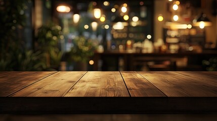 Poster - 3D rendering of an empty brown wooden table with a blurred coffee shop background featuring bokeh effect ideal for product display montage