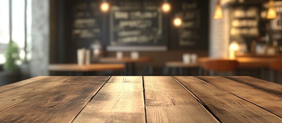 Poster - 3D rendering of an empty wooden tabletop with an abstract blurred cafe backdrop