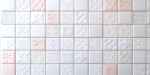 Poster - 3D rendering of a white and pastel ceramic tile background featuring vintage decorative tiles from a kitchen or bathroom corner