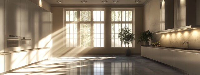 Sticker - 3D rendering of an elegant kitchen featuring ceramic flooring and LED spot lamps in the ceiling