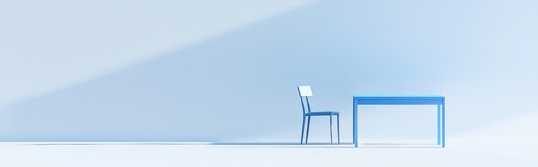 Poster - 3D rendering of a blue table and chair on a white background