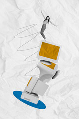 Aufkleber - Vertical creative composite artwork photo collage of funny careless young woman stand on old retro computers isolated painted background