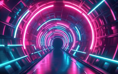 Poster - 3D rendering of an abstract tunnel featuring vibrant pink and blue neon lights resembling a virtual reality environment with illuminated laser effects set against a black background