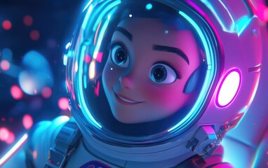 Aufkleber - Happy cartoon female cosmonaut in space rendered in 3D animation