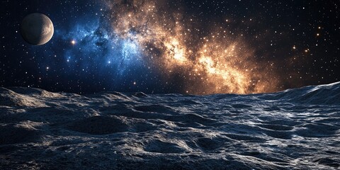 Poster - Realistic 3D rendering of the surface of the Moon featuring space planets a satellite nebula and stars
