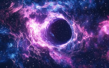 Poster - 3D cartoon depiction of cosmic waves and a black hole in deep space featuring a nebula at the center of galaxy clusters amidst a backdrop of star constellations