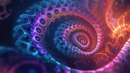 Poster - Abstract fractal patterns and shapes in a 3D cartoon rendering Mysterious psychedelic relaxation pattern with dynamic flowing natural forms Sacred geometry featuring mystical spirals Vibrant color