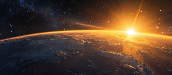 Aufkleber - Panoramic view of the Earth sun stars and galaxy in a 3D cartoon rendering Sunrise as seen from space