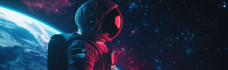 Aufkleber - 3D rendering of a cartoon astronaut standing before Earth in space showcasing a futuristic and cosmic theme