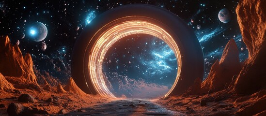 Aufkleber - 3D cartoon rendering of a fantasy portal leading astronauts to explore new galaxies and distant worlds showcasing a gateway to another universe