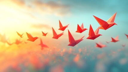 Origami, low poly of birds migrating east. Generative AI