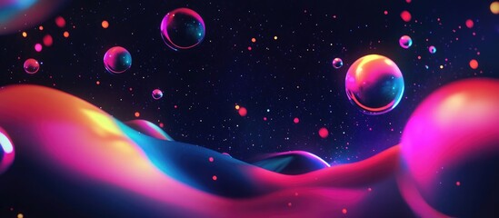 Poster - Dark background with 3D cartoon rendering featuring astronomy colors neon accents watercolor splash effects realistic polar lights vintage watercolor aesthetics and neon cosmic and ethnic designs