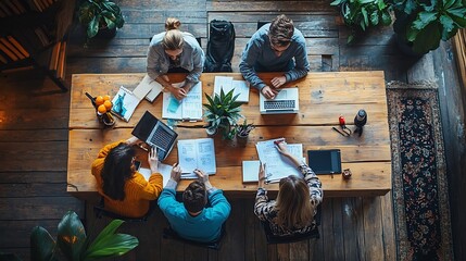 Aufkleber - A group of people are working together at a table with papers and laptops Scene is collaborative and focused : Generative AI