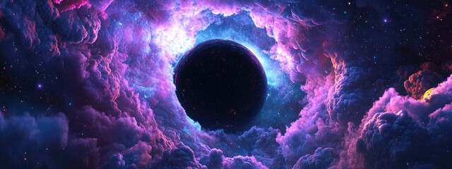 Poster - Abstract black hole with nebula in outer space surrounded by colorful stars and cloud fields in a 3D cartoon rendering