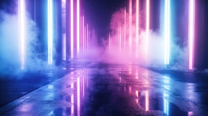 Wall Mural - Empty backdrop scene featuring reflections on wet asphalt illuminated by neon light rays with abstract shapes and smoke creating a dramatic atmosphere