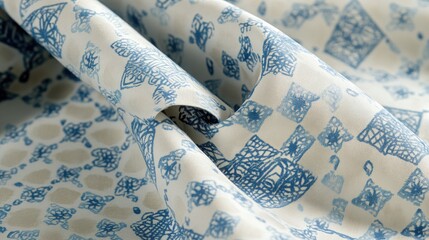Poster - Exquisite hand painted geometric fabric features a delicate blue decorative design with a continuous argyle pattern creating a whimsical and artistic appeal