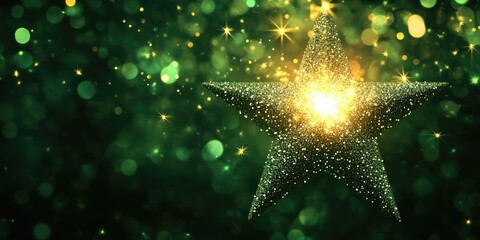 Aufkleber - Twinkling glitter forms a star in shades of white and yellow enhanced by a bokeh effect set against a dark green background with a bright highlight in the center 3D cartoon rendering