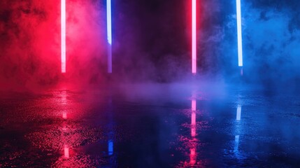 Poster - Empty backdrop with a dark reflection on wet asphalt featuring blue and red neon light rays mysterious figures and a smoky atmosphere creating an abstract scene