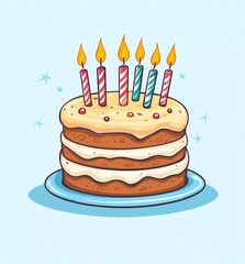 Canvas Print - Simple flat color vector art of an adorable birthday cake with candles on a light blue background. 