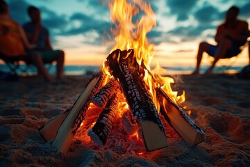 A vibrant bonfire on a sandy beach with a backdrop of a stunning sunset, creating a cozy and warm atmosphere as people relax and enjoy the evening by the fire.